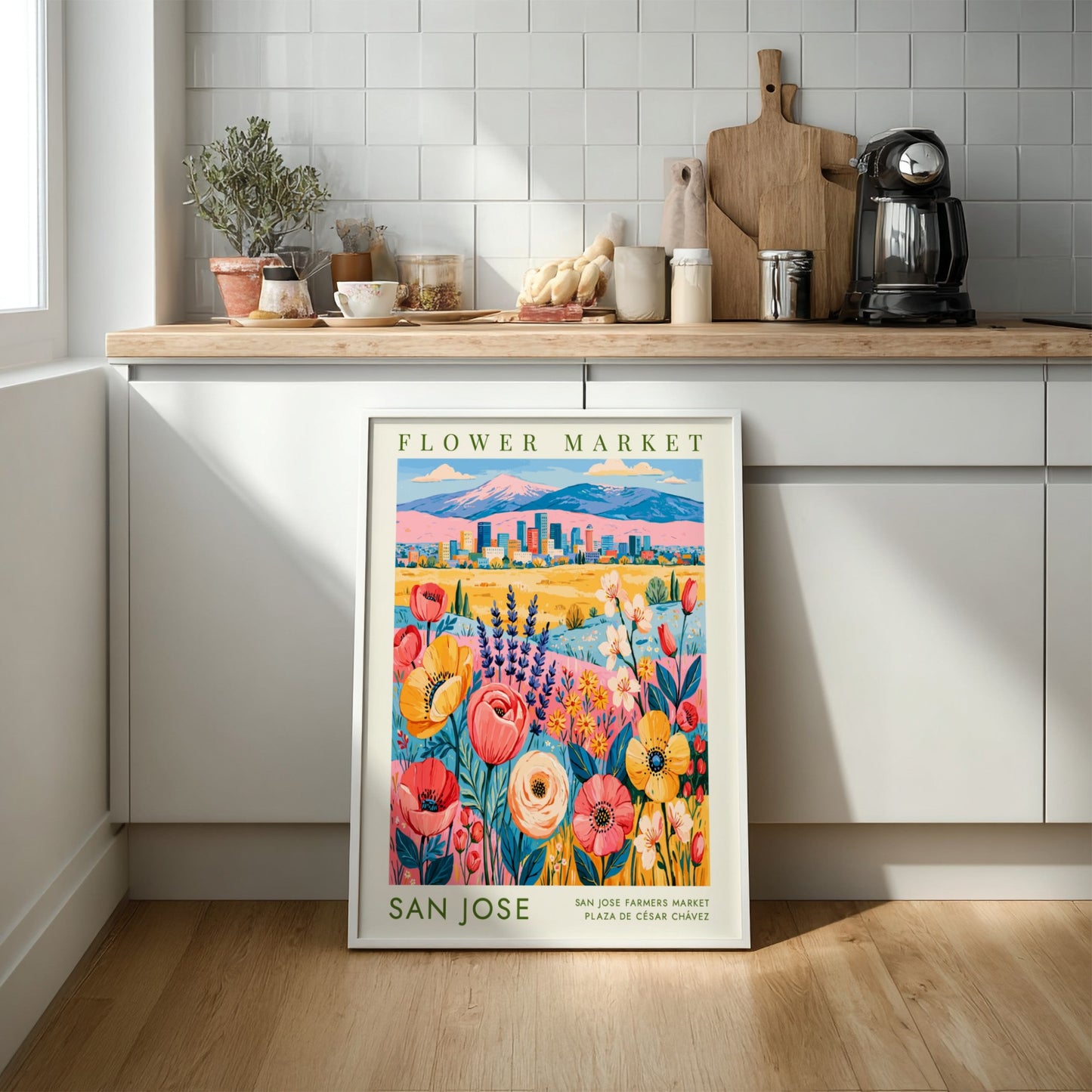 Flower market poster featuring vibrant blooms and a cityscape in colorful style