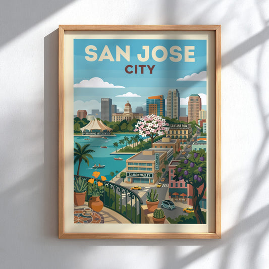 Retro illustration of the San Jose city skyline with bay, buildings, and cherry blossoms.