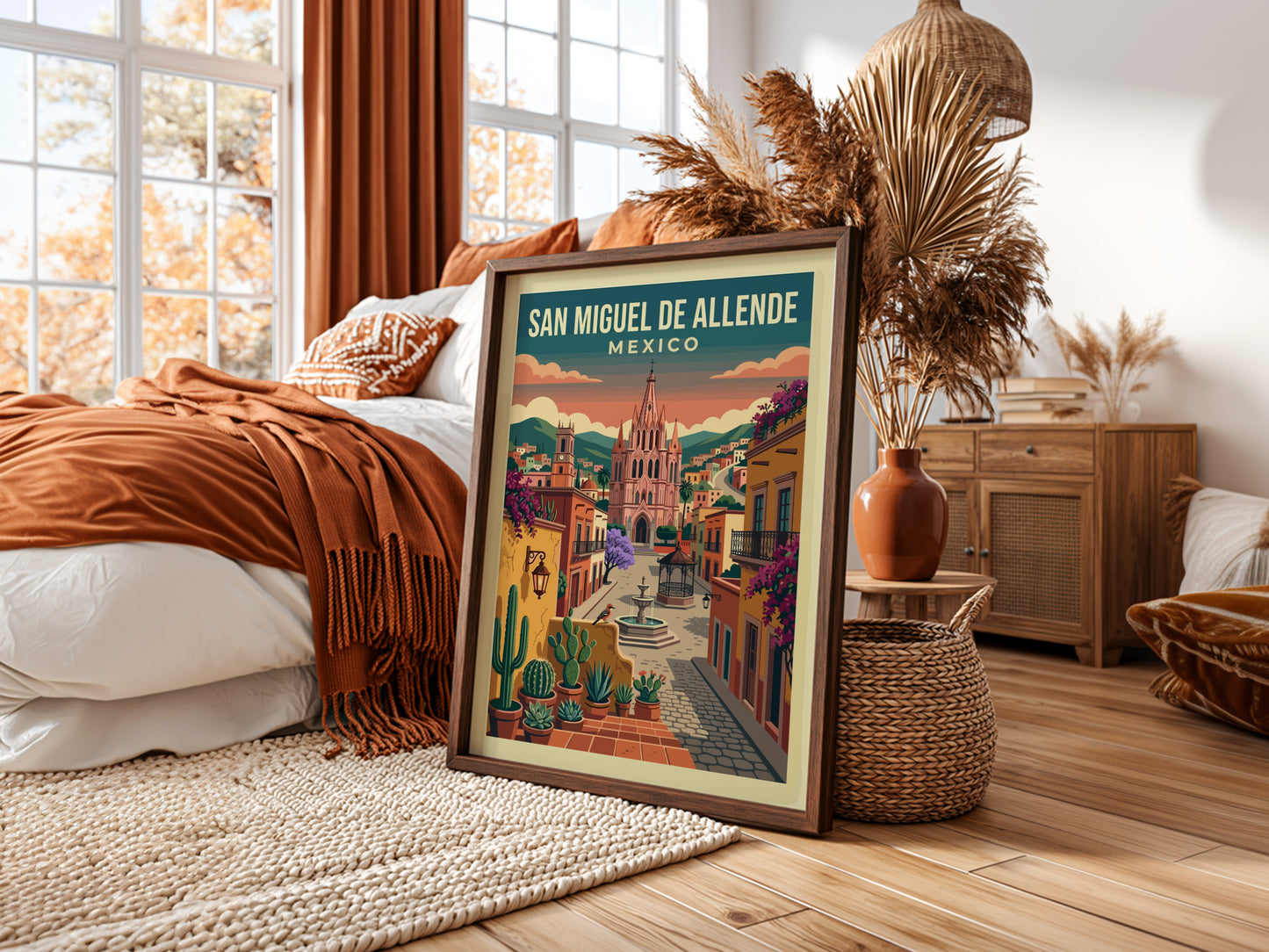 San Miguel de Allende travel poster with colonial architecture, vibrant colors, and cacti.