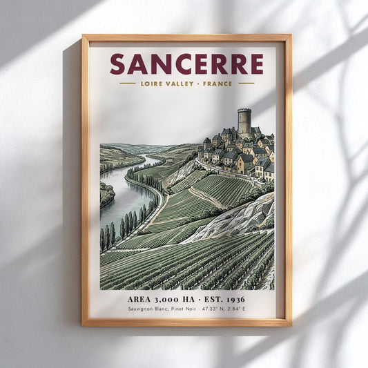 Poster of Sancerre village in Loire Valley with vineyards and river in soft tones