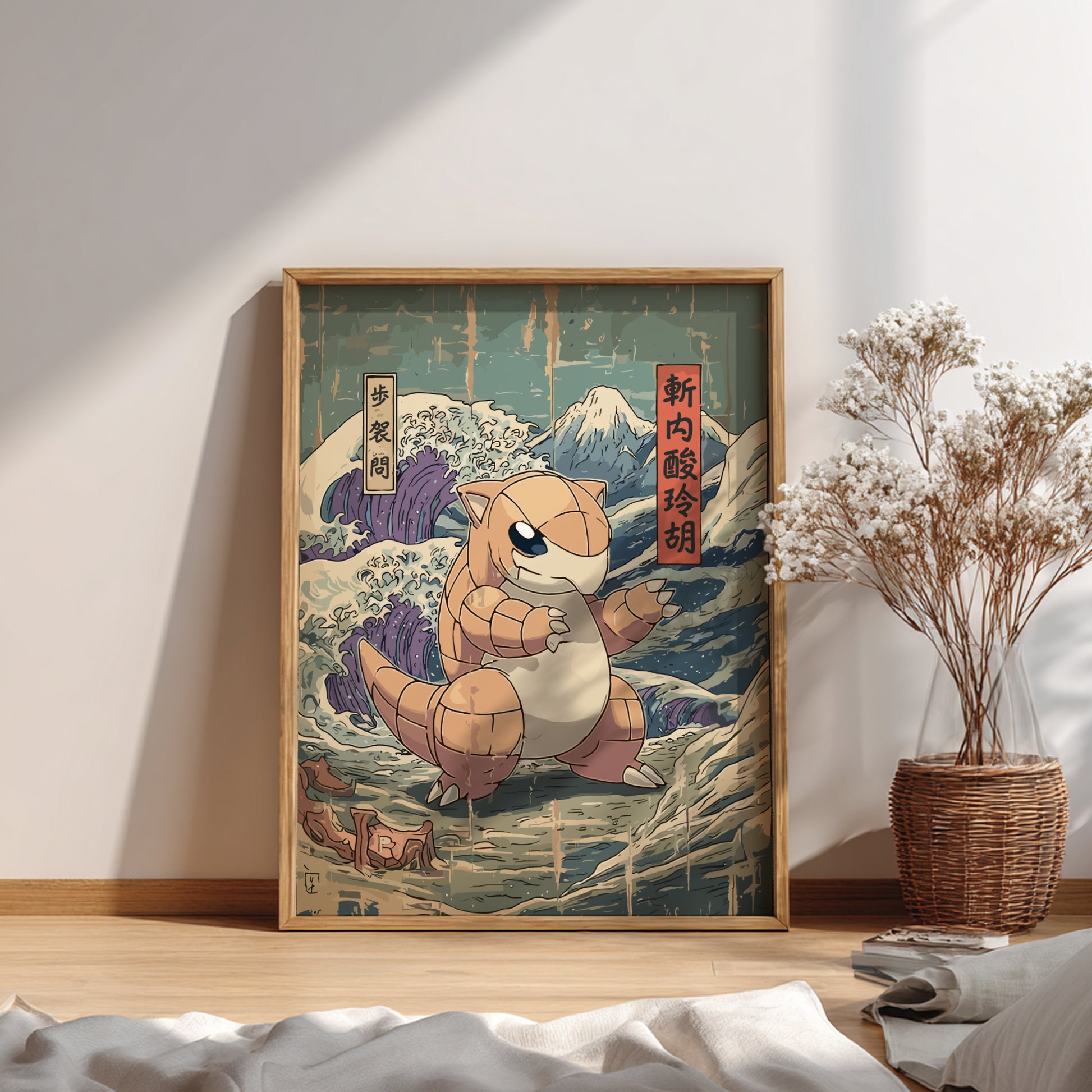 Framed artwork of a stylized Sandshrew Pokemon in a Japanese-style setting with Mount Fuji.