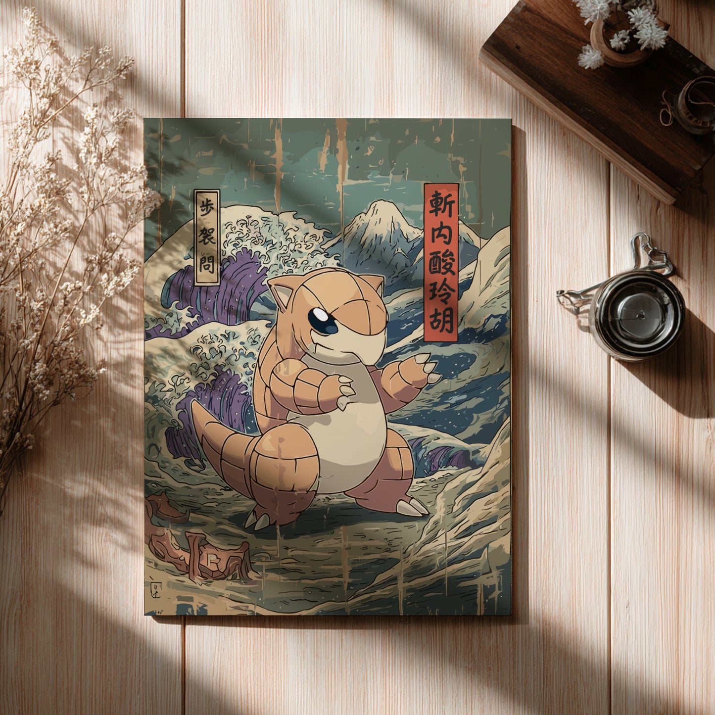 Canvas print with a stylized illustration of Sandshrew Pokemon on a wooden surface.