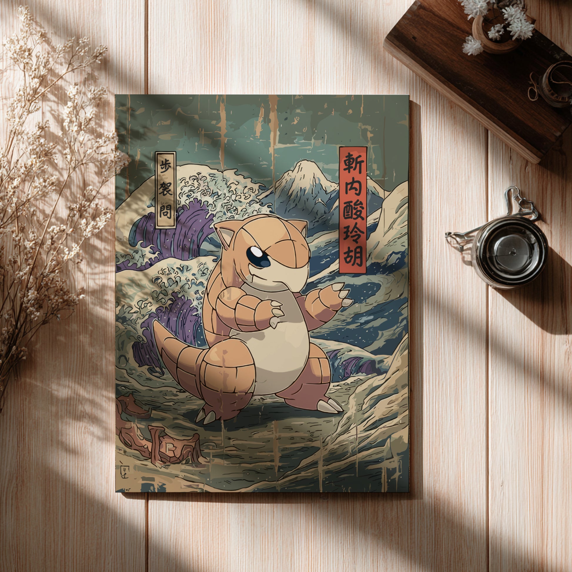 Canvas print with a stylized illustration of Sandshrew Pokemon on a wooden surface.