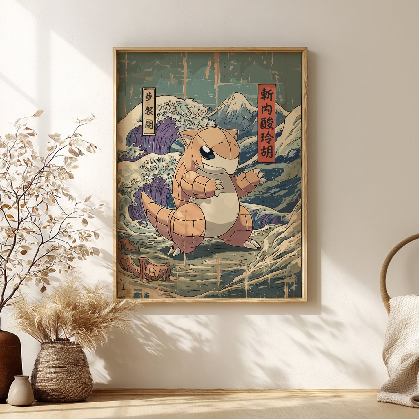 Framed artwork of a stylized Sandshrew Pokemon in a Japanese-style landscape with Mount Fuji.