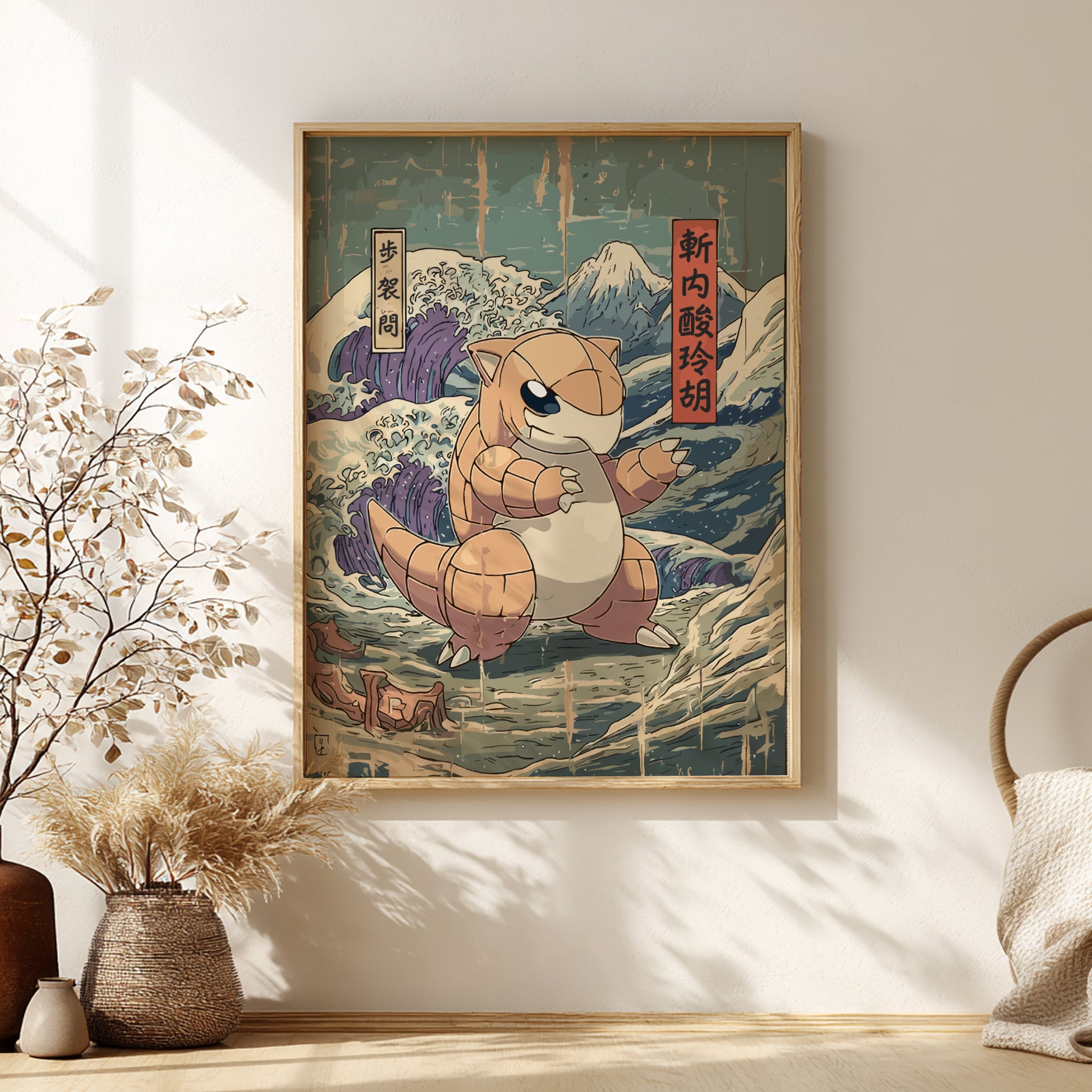 Framed artwork of a stylized Sandshrew Pokemon in a Japanese-style landscape with Mount Fuji.