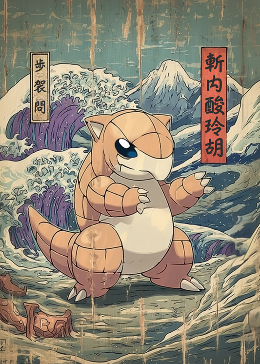 Sandshrew Pokemon character in a stylized Japanese wave and mountain background
