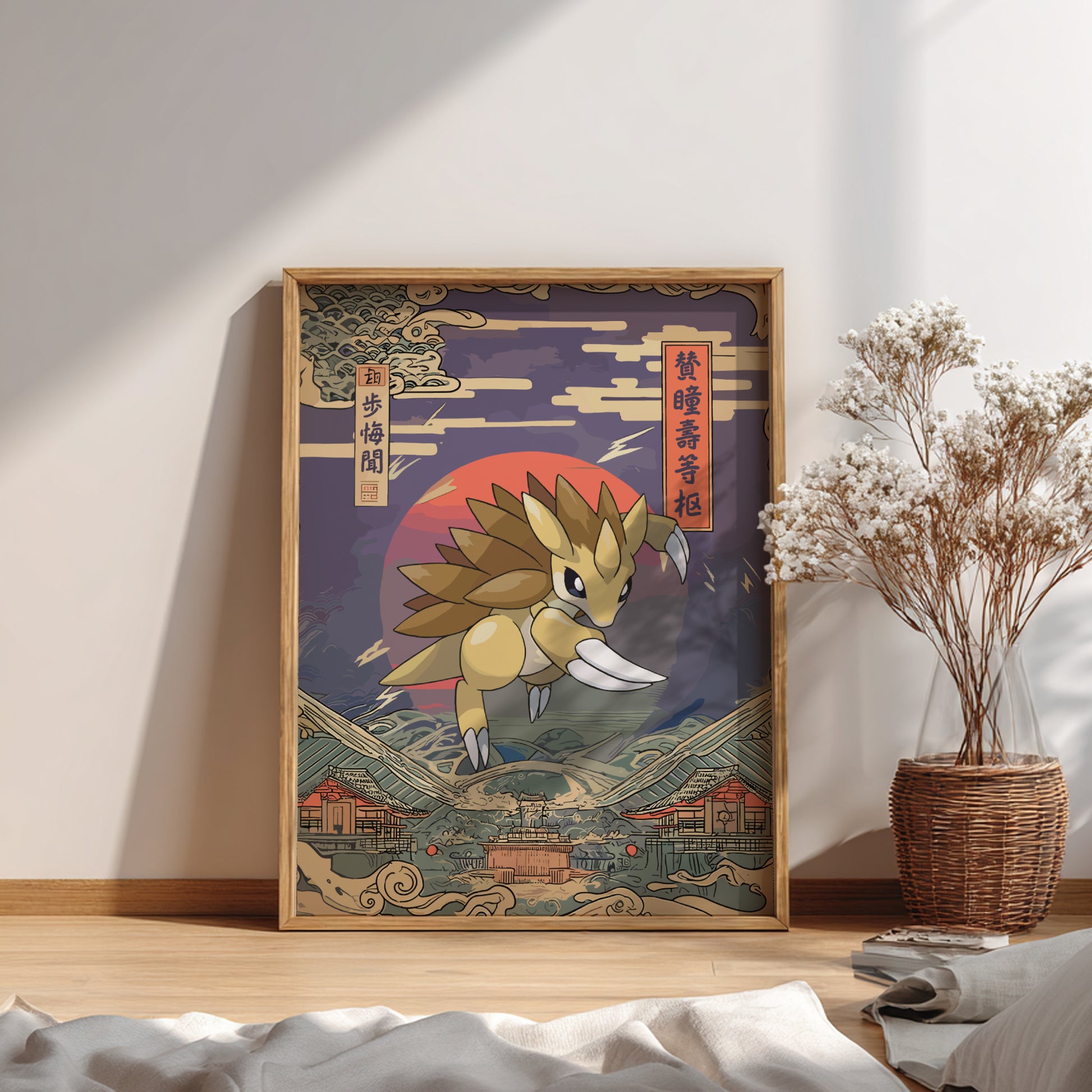 Framed artwork of Sandslash Pokemon in a scenic setting on a wall.