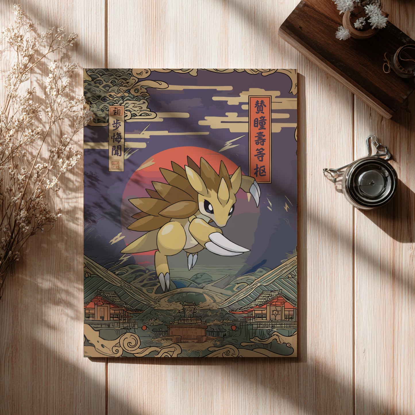 Poster with Sandslash Pokemon illustration on a wooden surface