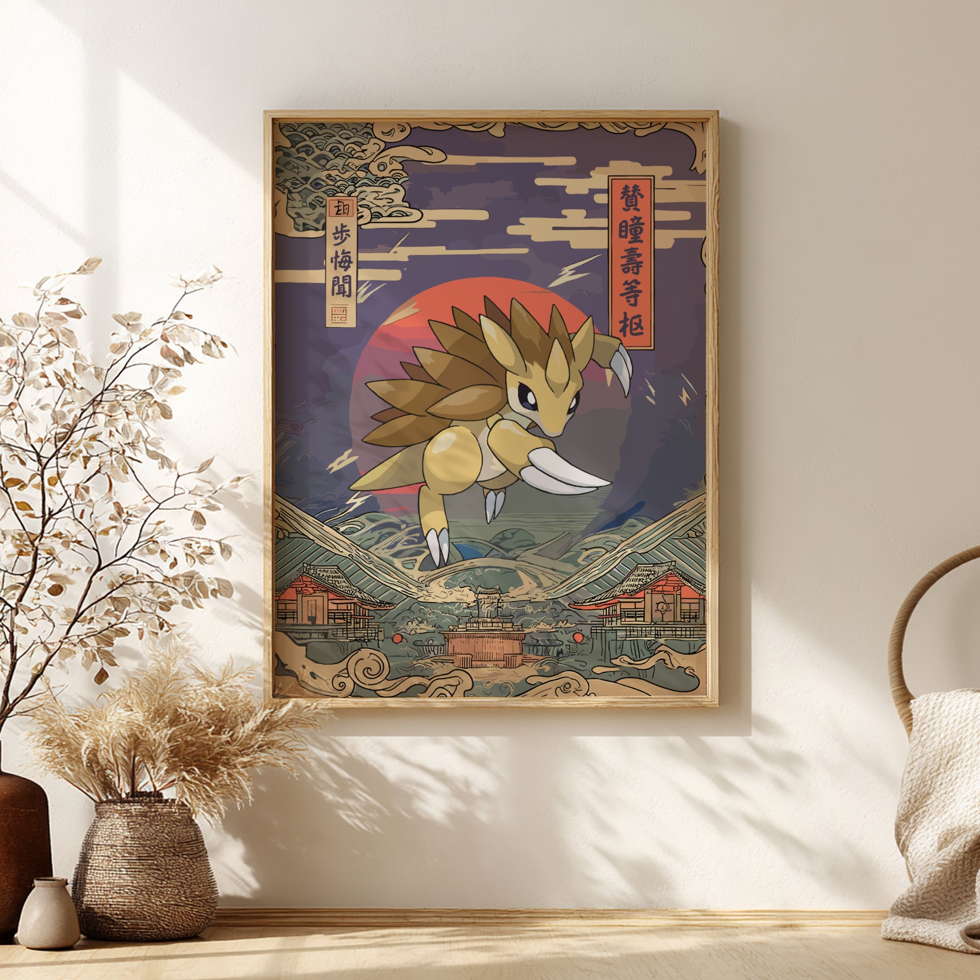 Framed artwork of Sandslash Pokemon in a traditional Japanese setting on a wall.