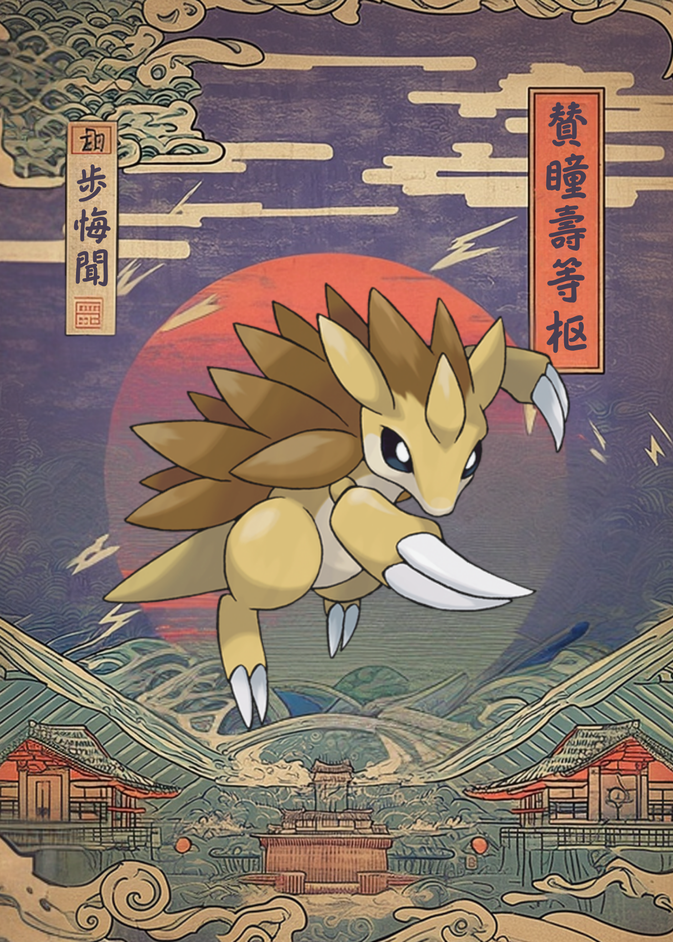 Sandslash Pokemon and a red sun in an East Asian inspired setting