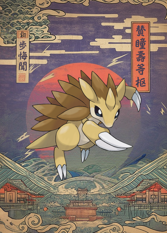Sandslash Pokemon and a red sun in an East Asian inspired setting