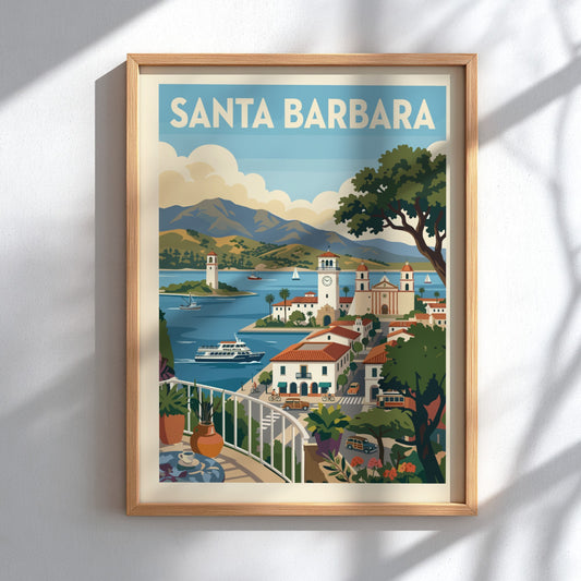 Retro travel poster print of Santa Barbara featuring coastal scenery, architecture, and boats.