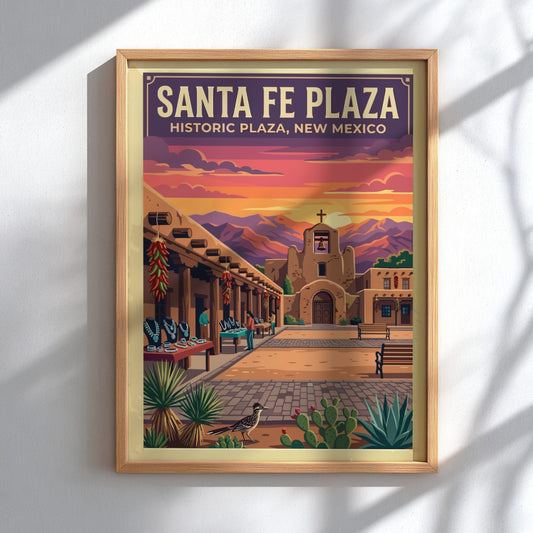 Travel poster of Santa Fe Plaza featuring adobe architecture under a vibrant sunset sky.