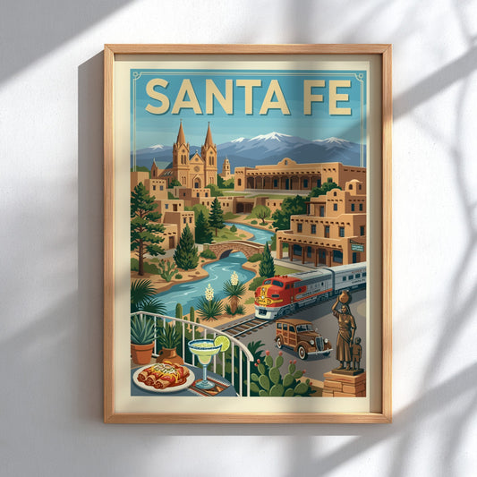 Retro Santa Fe travel poster with a train, vintage car, adobe buildings, and mountains.