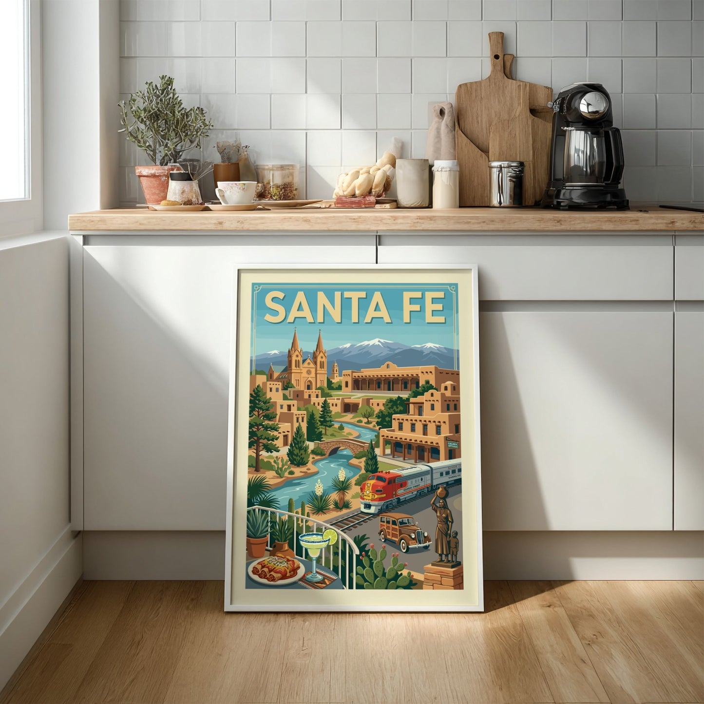 Retro Santa Fe travel poster with a train, vintage car, adobe buildings, and mountains.