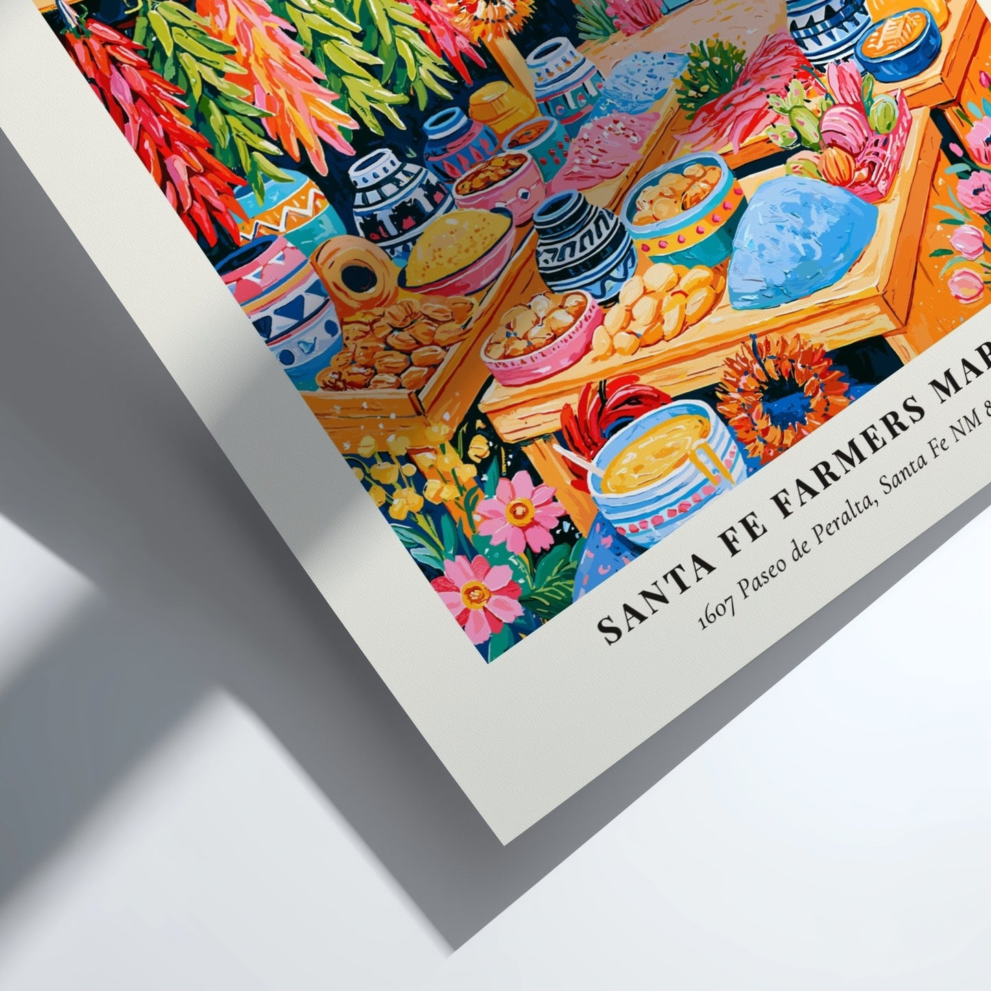 Santa Fe Farmers Market poster featuring colorful produce and local crafts in a vibrant market scene