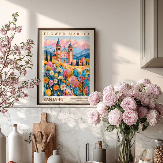 Flower market poster showcasing vibrant blooms and Santa Fe architecture in warm colors