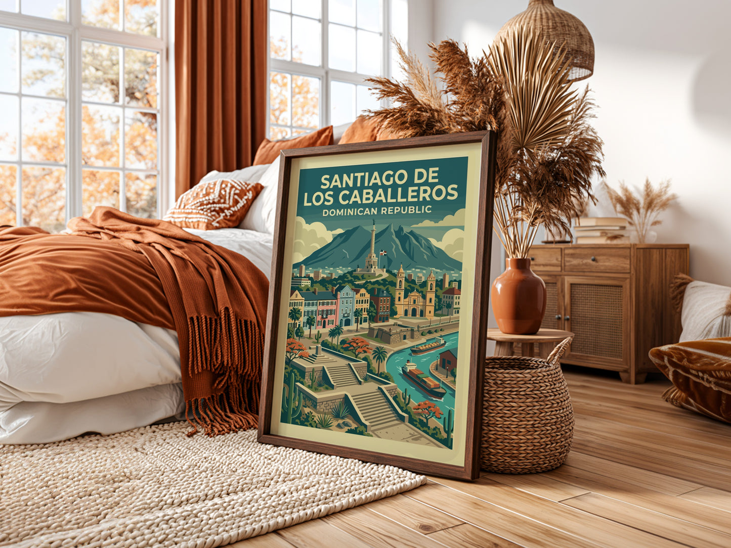 Santiago de los Caballeros travel poster featuring city skyline, monument, and river in a retro style.