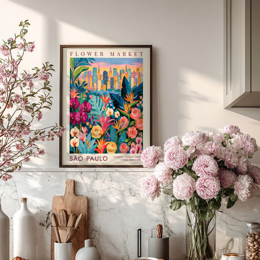 Flower market poster featuring vibrant colors and a city skyline, perfect for home decor.