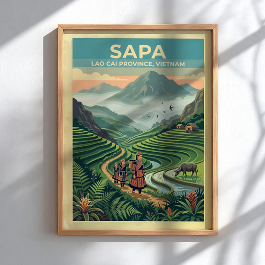Sapa travel poster featuring women walking through lush green rice terraces in Vietnam