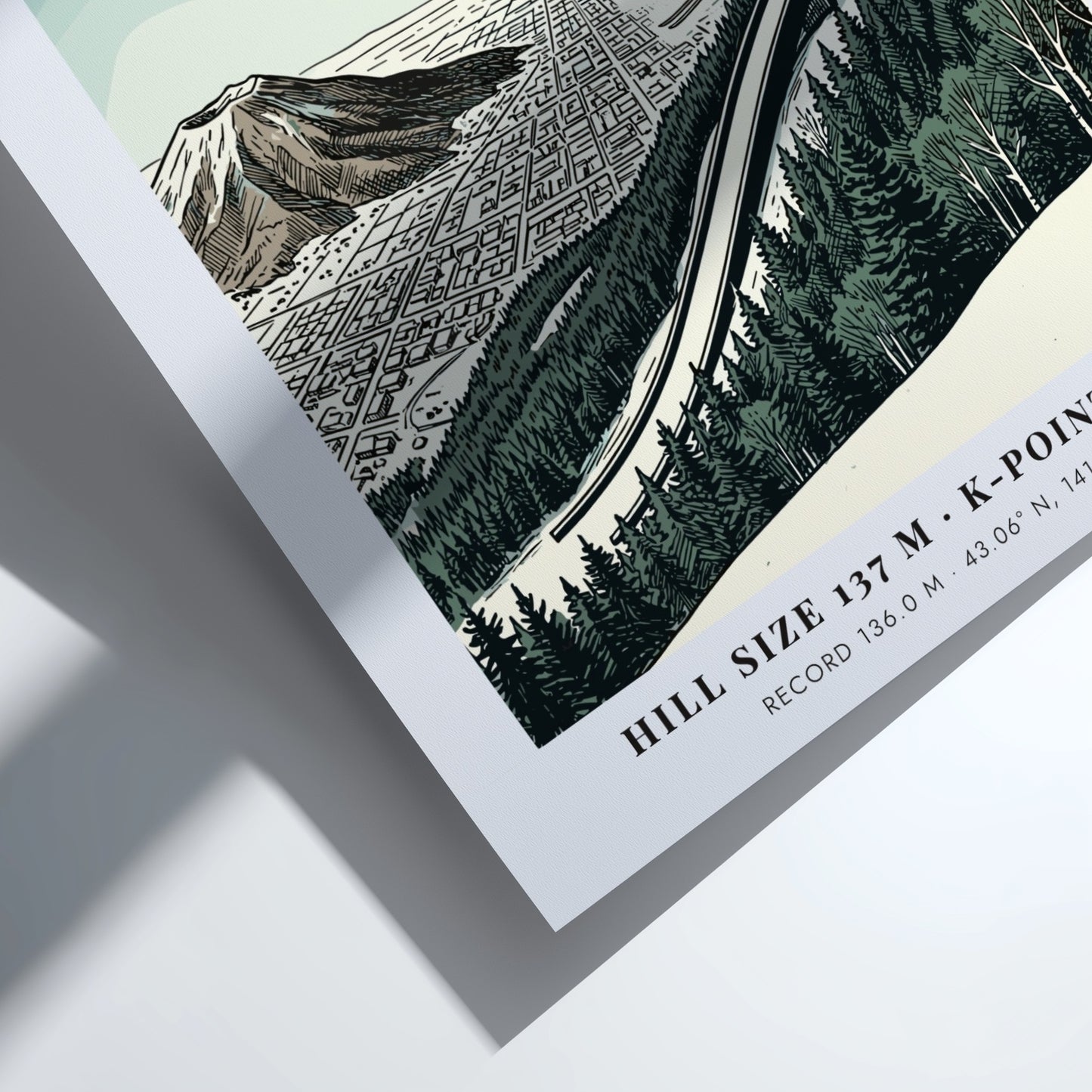 Sapporo ski jumping travel poster featuring the Okurayama ramp and mountain in green