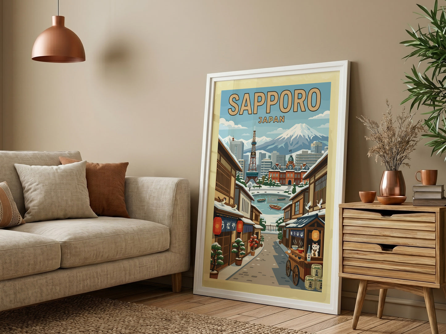 Sapporo Japan travel poster featuring a snowy street scene with traditional buildings and mountains.