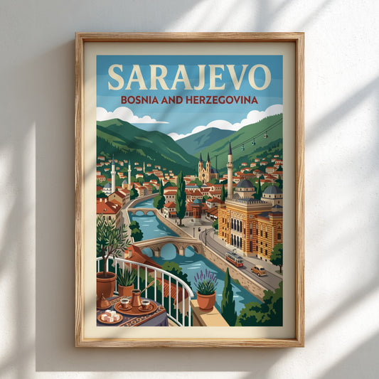 Sarajevo travel poster illustration featuring the city skyline with a river, bridges, and mountains in a