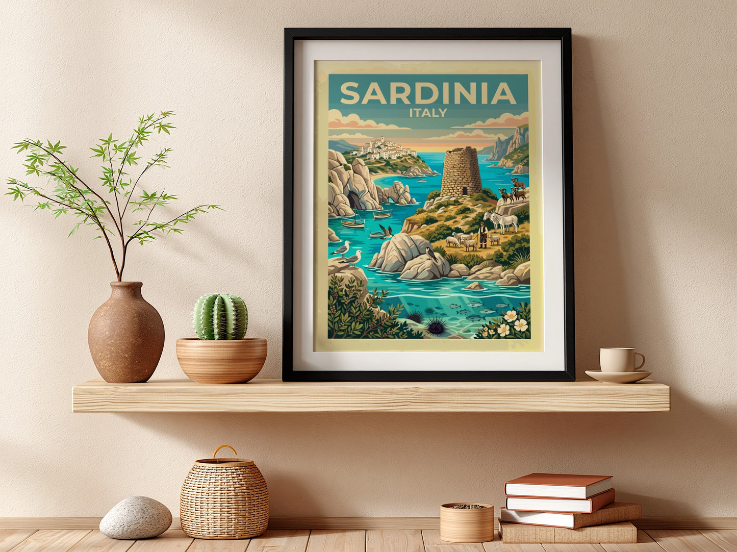 Travel poster of Sardinia Italy featuring a stone watchtower shepherd and turquoise sea