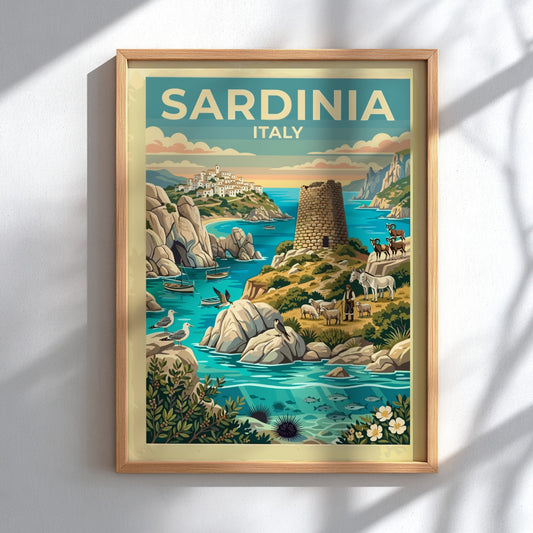 Travel poster of Sardinia Italy featuring a stone watchtower shepherd and turquoise sea