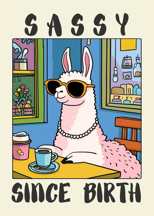 Quirky Coffee Shop Art, Cute Animal Wall Decor, Glamorous Llama Print, Whimsical Café Illustration