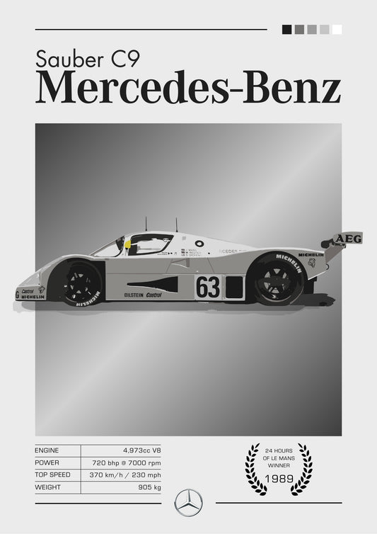 Affiche Mercedes-Benz Sauber C9 – Décoration murale de voiture de course du Groupe C au Mans