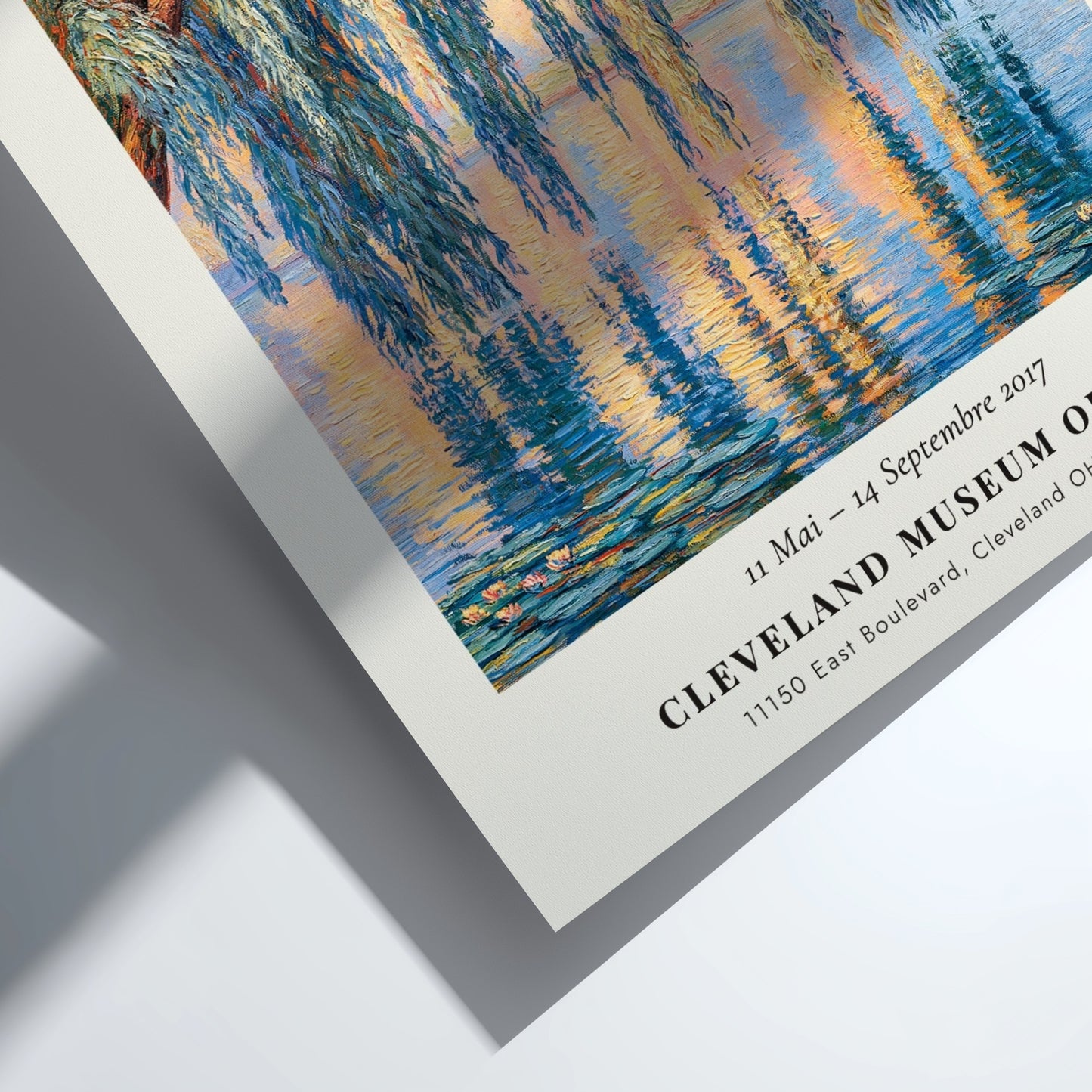 Monet inspired poster featuring a willow tree and water reflections in soft blues and greens