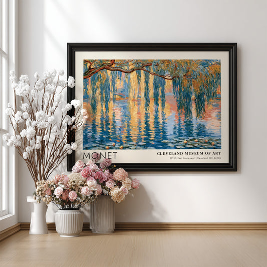 Saule Pleureur poster featuring Monet's impressionistic landscape with blues and greens, perfect wall art for