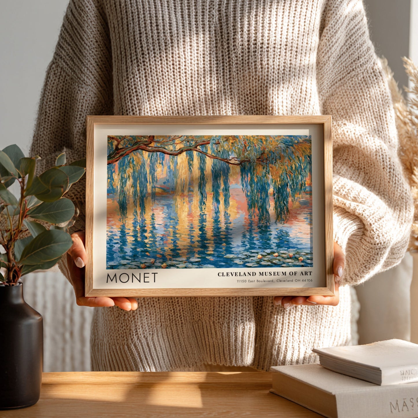 Saule Pleureur poster featuring Monet's impressionistic landscape with blues and greens, perfect wall art for