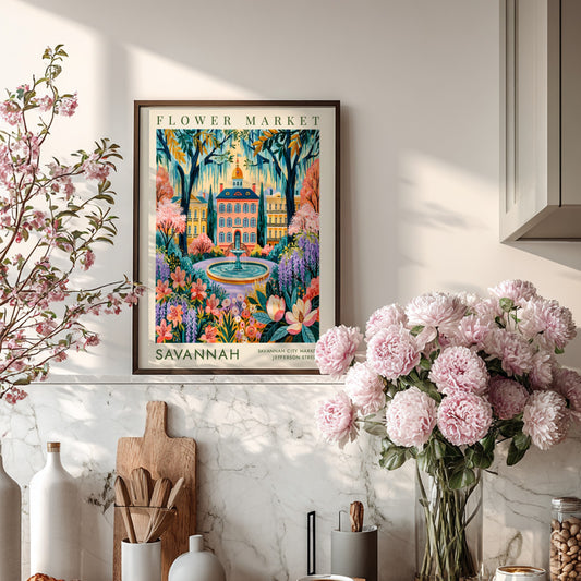 Flower market poster featuring vibrant blossoms and Savannah city architecture in a colorful design