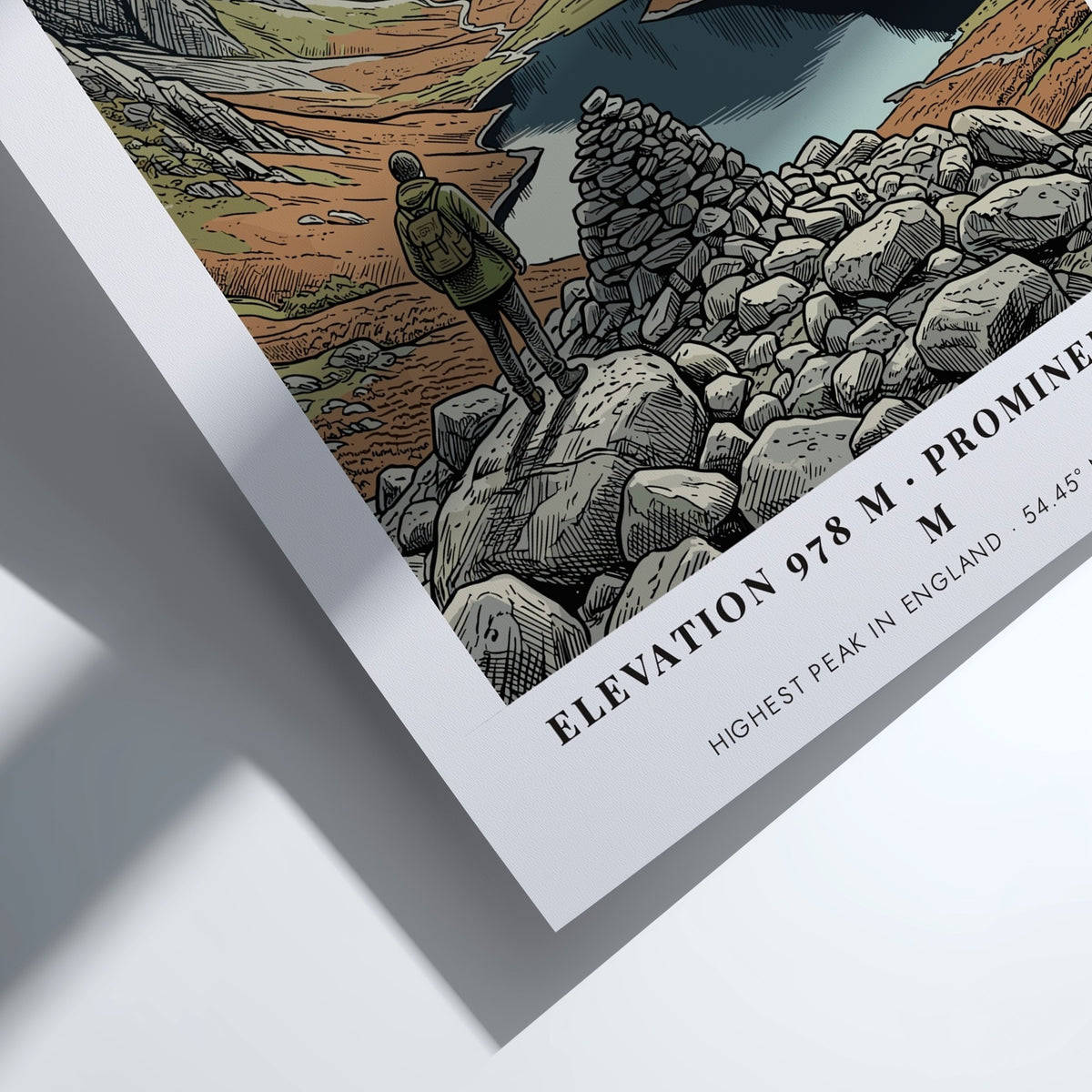 Poster featuring a hiker looking at Scafell Pike mountain in the Lake District.
