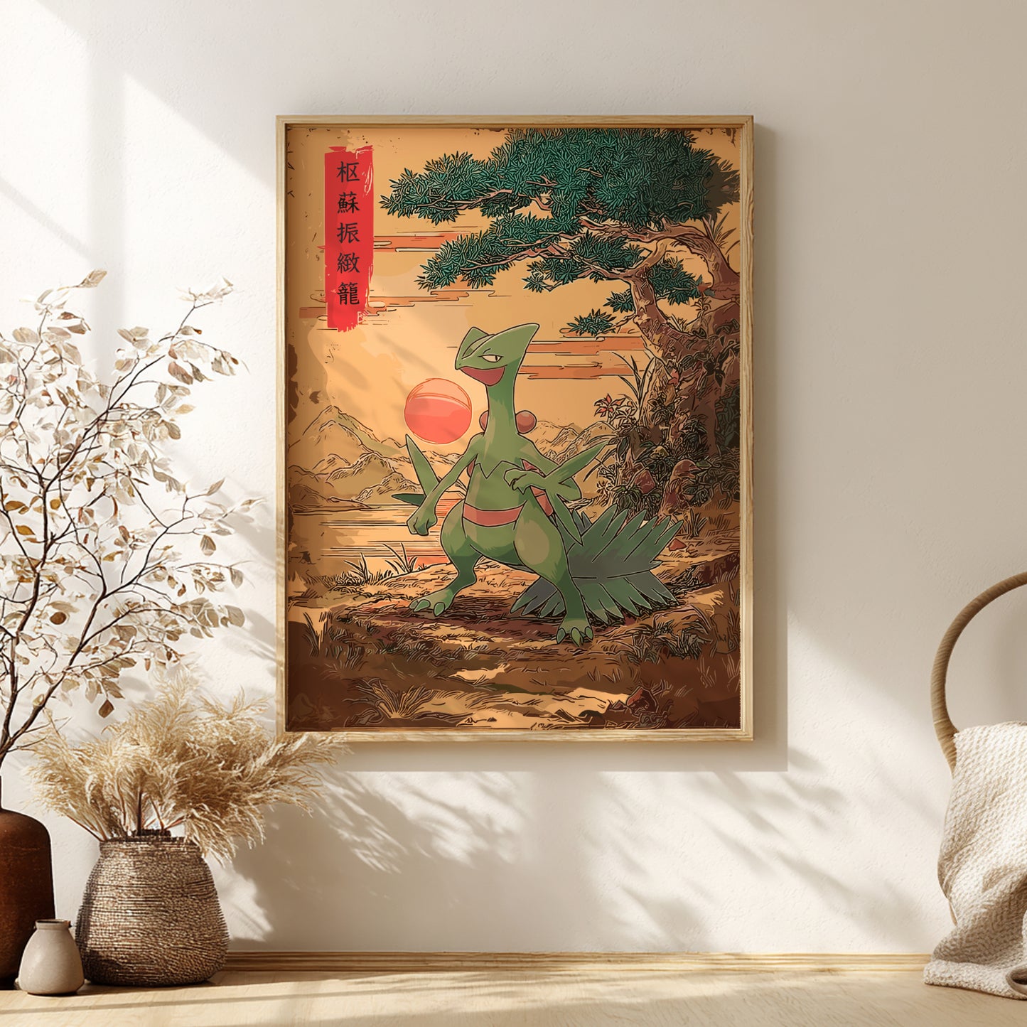 Framed artwork of Sceptile Pokemon with a red ball on a wall with decorative plants and a vase.