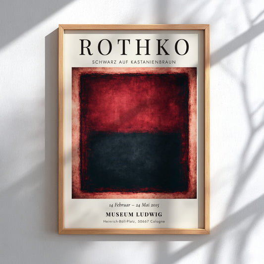 Wall art poster featuring Mark Rothko's Schwarz auf Kastanienbraun with deep red black blocks