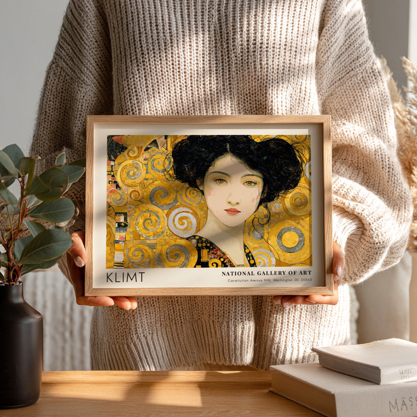 Klimt inspired wall art print featuring a golden portrait with swirling patterns