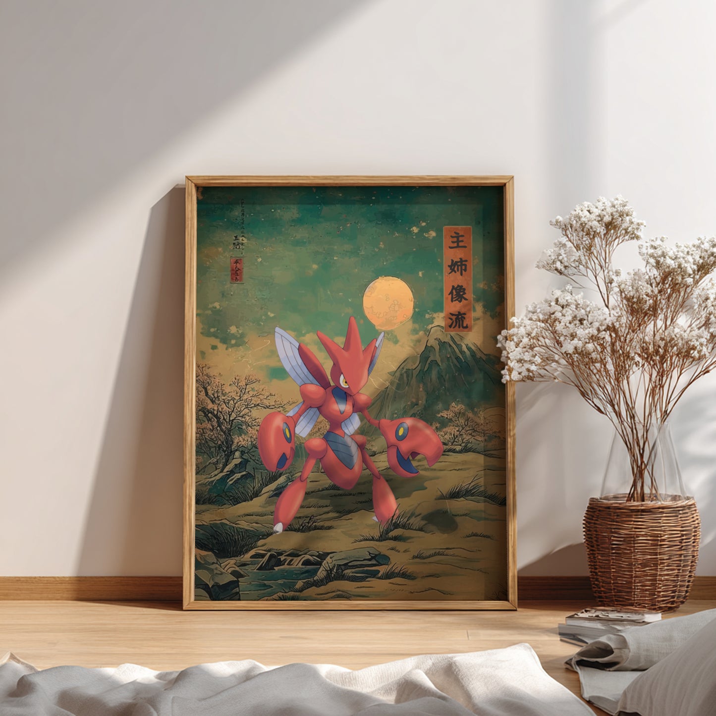 Framed artwork of Scizor Pokemon with a moon in a room with a plant and pillows.