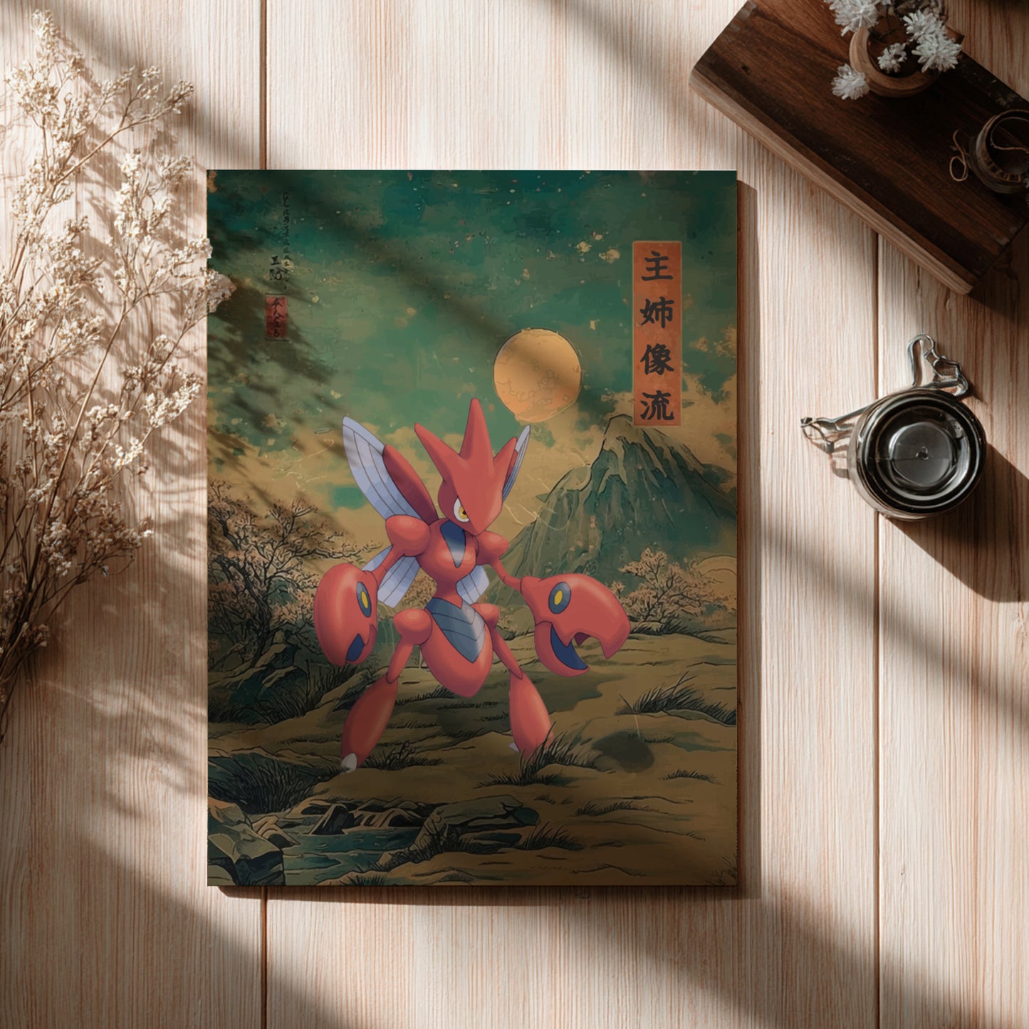 Colorful illustration of Scizor Pokemon on a wooden surface with decorative elements