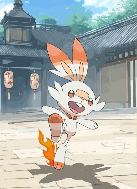 Scorbunny: Japanese Tapestry Style Pokemon Anime Poster