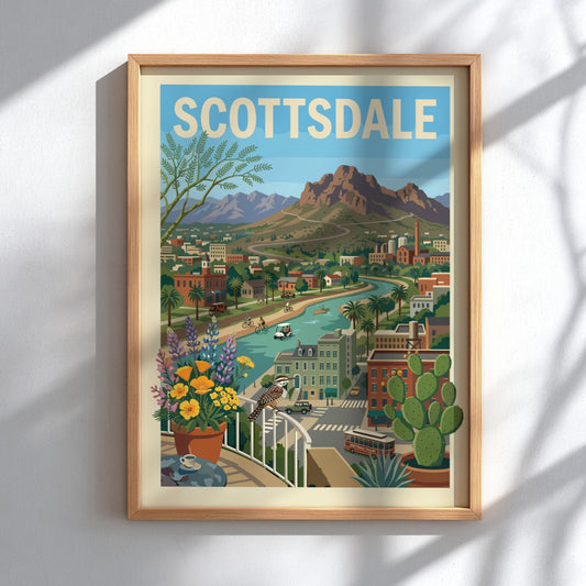 Scottsdale cityscape poster with canal, mountains, desert plants, and buildings in a retro travel art style.