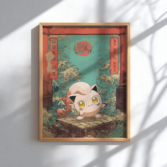 Framed artwork with Scream Tail Pokemon on a decorative background