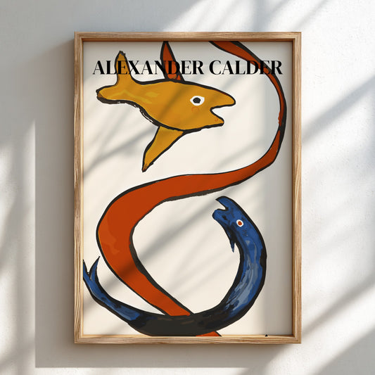 Poster of Alexander Calder's "Sea Creatures" drawing, featuring orange fish and blue sea creature with red