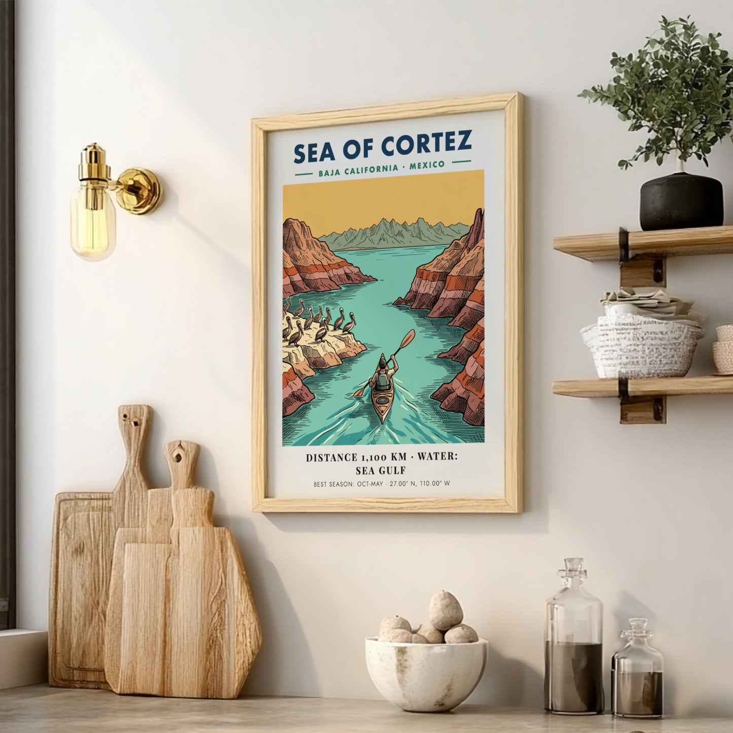 Poster featuring a kayaker in the Sea of Cortez near Baja California cliffs.