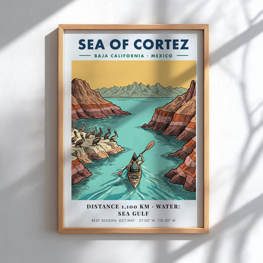 Poster featuring a kayaker in the Sea of Cortez near Baja California cliffs.