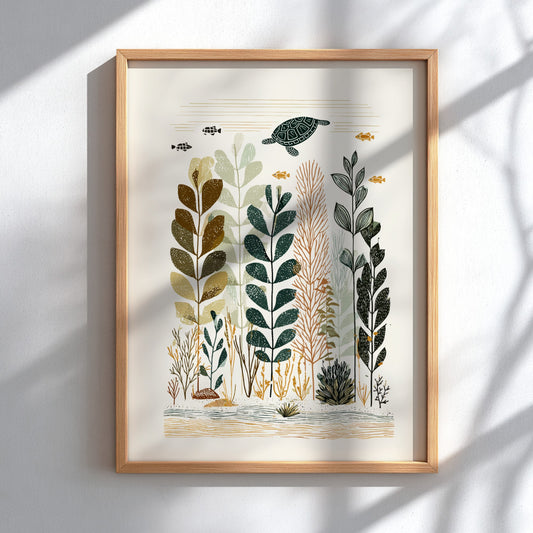 Underwater garden poster with a sea turtle, stylized plants, and fish in a muted color palette.