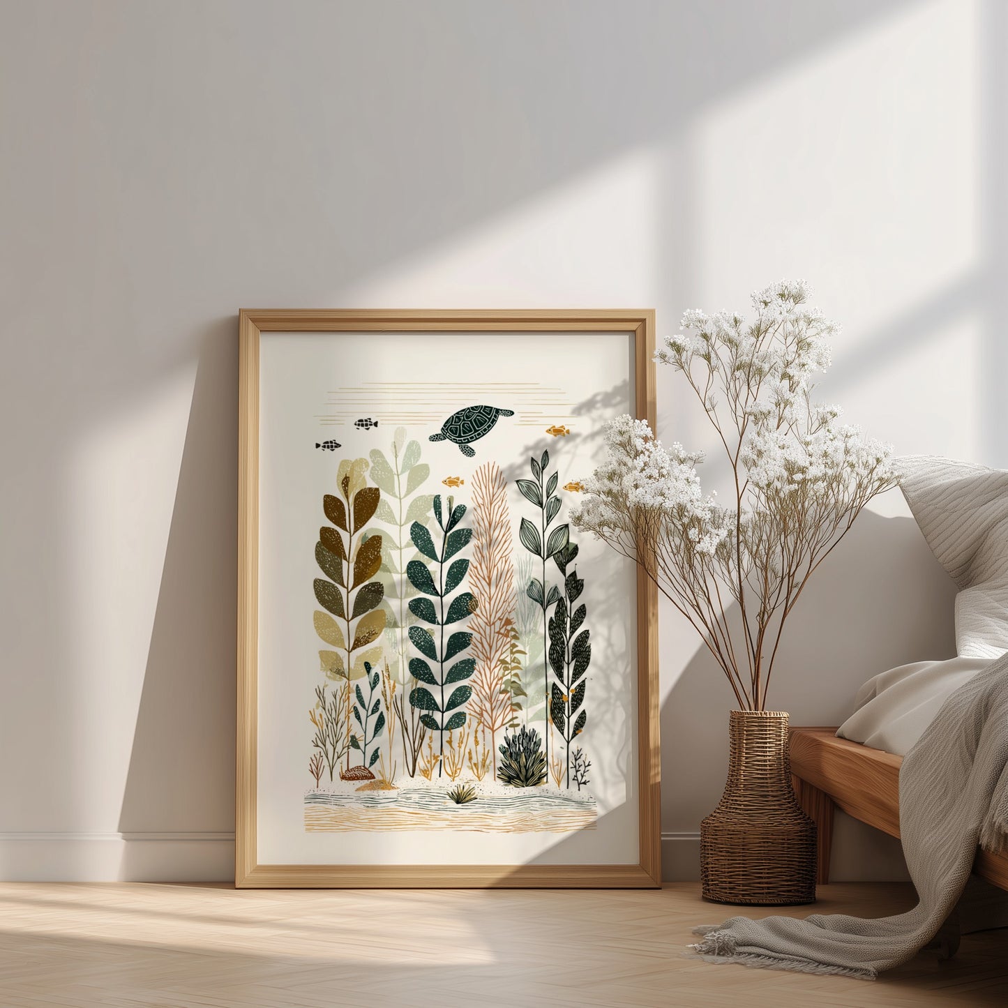 Underwater garden poster with a sea turtle, stylized plants, and fish in a muted color palette.