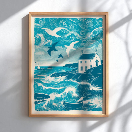 Seabirds Over Still Water Poster - Serene Coastal Bird Wall Art Print